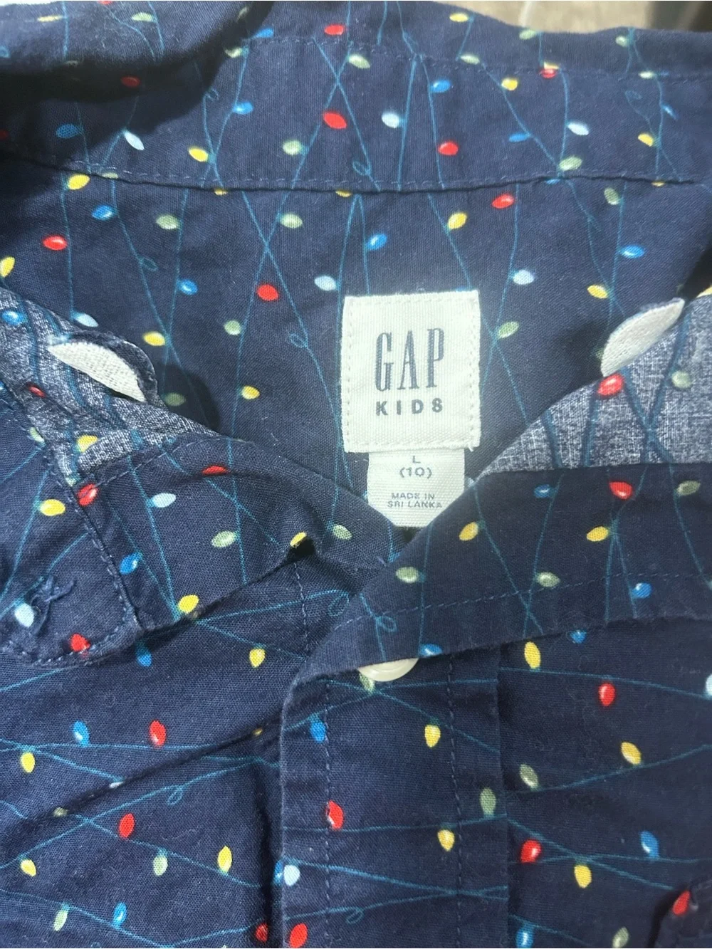 GAP boy’s navy Button-Up Shirt with holiday stringed light Print